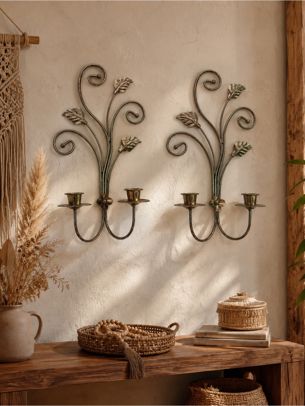 Vintage home interior gold tone leaf wall sconces stick
